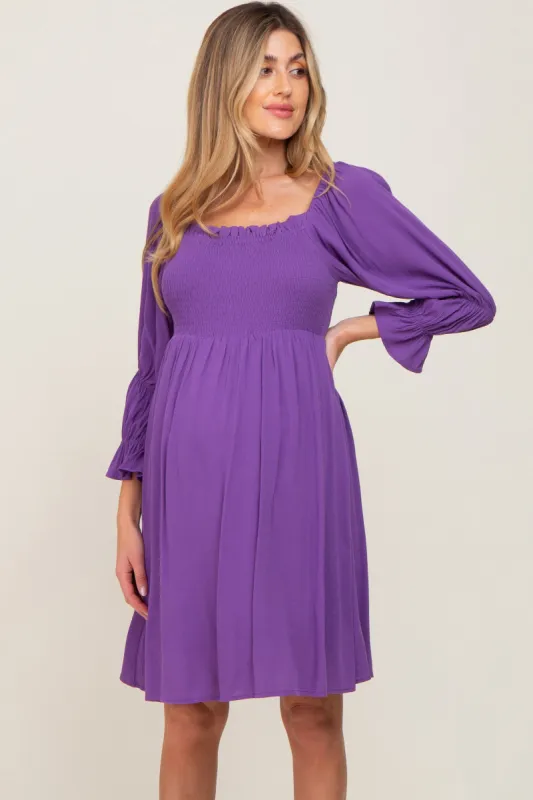 Purple Smocked 3/4 Sleeve Maternity Dress sold by Pinkblush