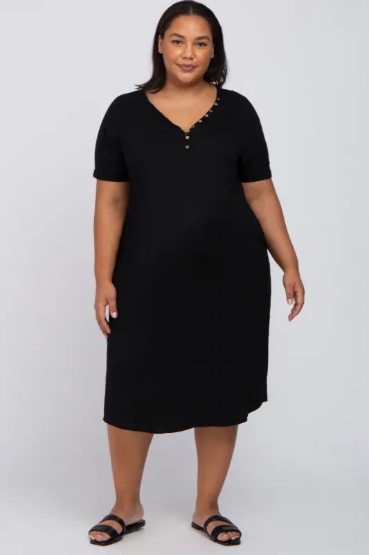 Black Button Neck Round Hem Maternity Plus Dress sold by Pinkblush