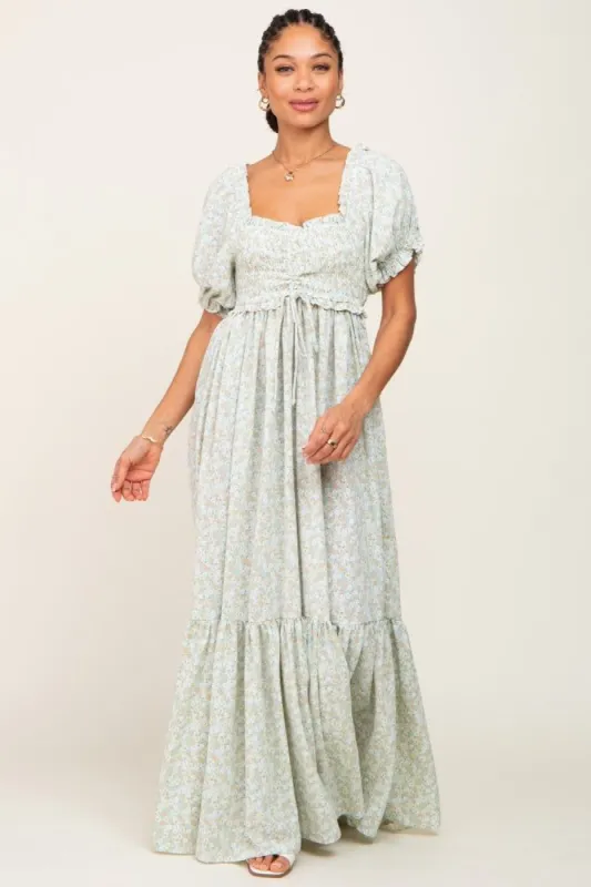 Sage Floral Smocked Ruffle Maxi Dress sold by Pinkblush