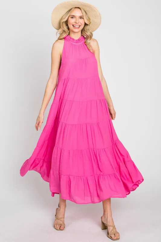 Fuchsia Tiered High Neck Maxi Dress sold by Pinkblush