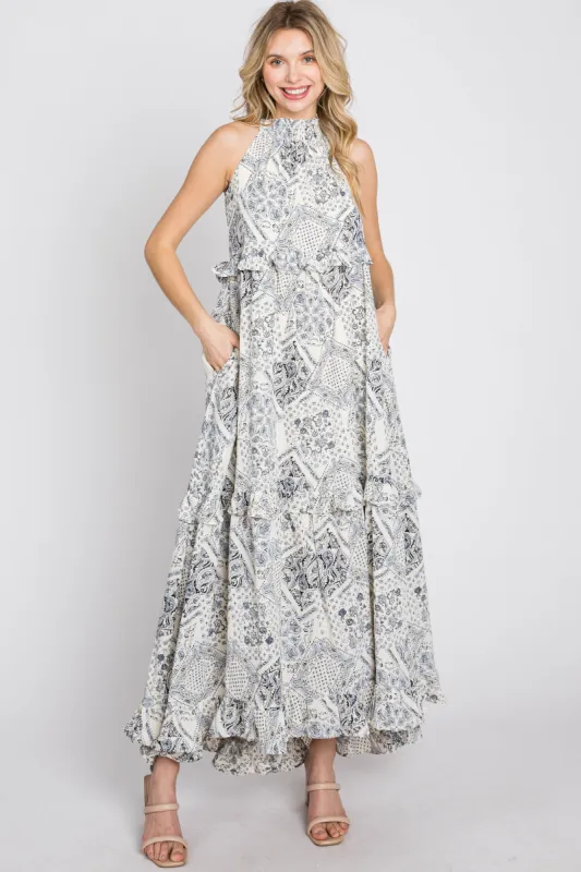 Navy Floral Paisley Print Tiered Maxi Dress sold by Pinkblush