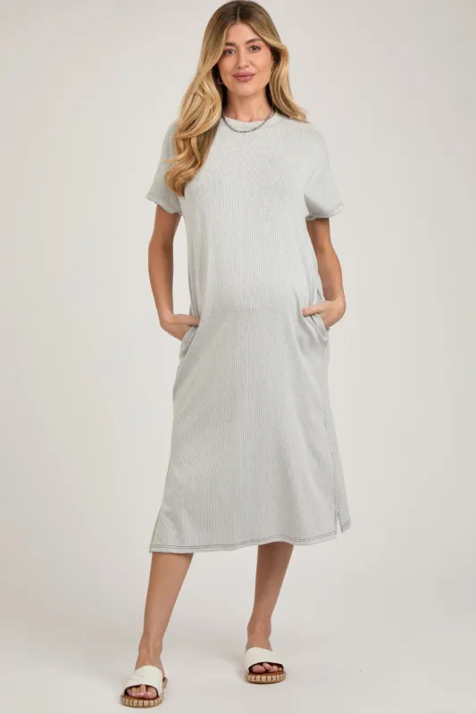 Grey Ribbed Short Dolman Sleeve Side Slit Maternity Midi Dress sold by Pinkblush
