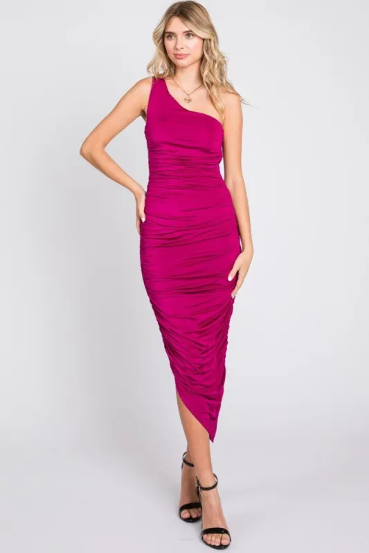 Magenta Ruched Asymmetrical Maxi Dress sold by Pinkblush