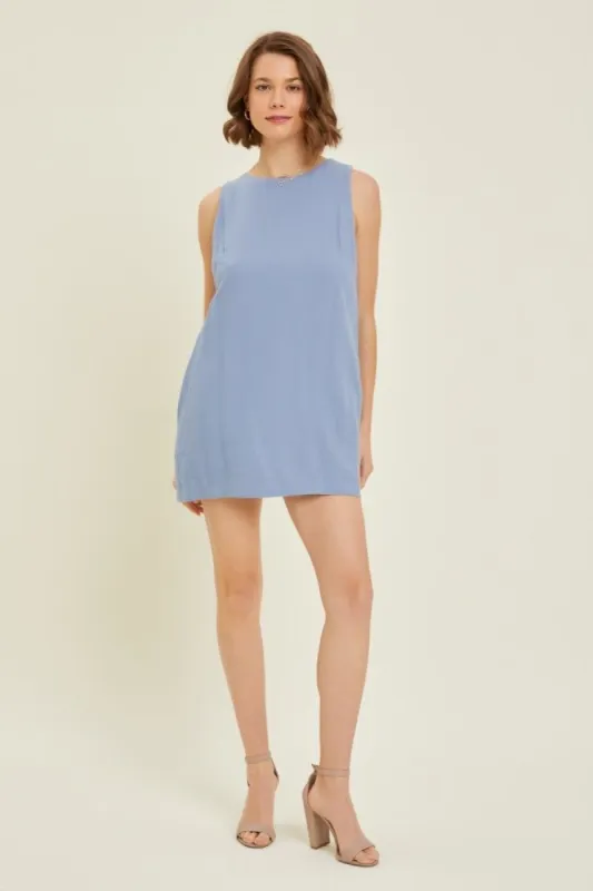 Dusty Blue Classic Linen Romper With Back Opening Detail sold by Pinkblush