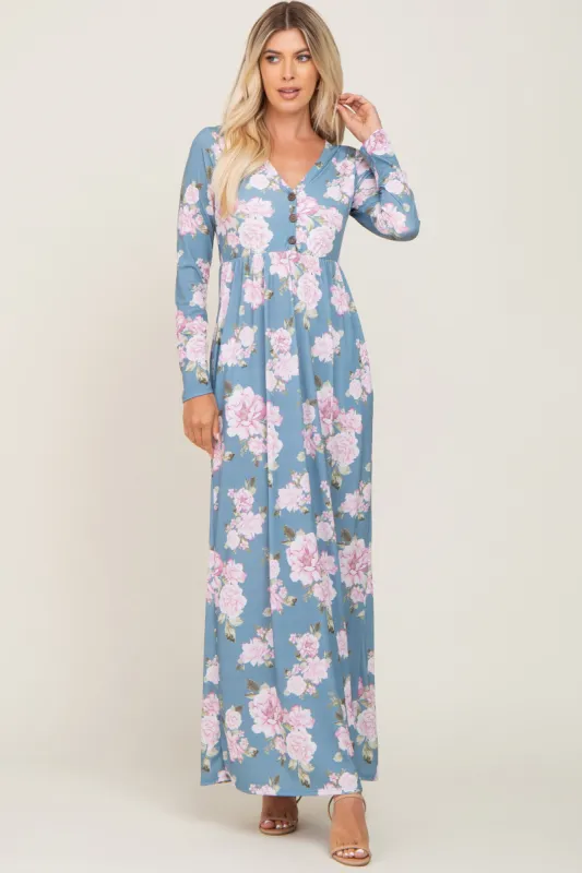 Blue Floral Button Front Maxi Dress sold by Pinkblush