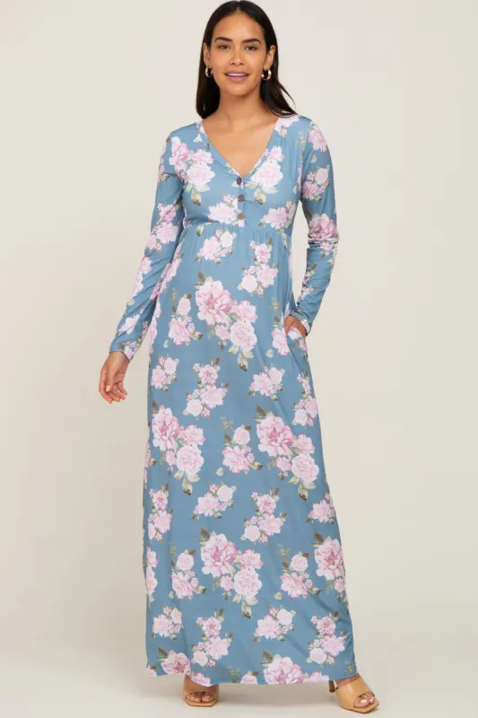 Blue Floral Button Front Maternity Maxi Dress sold by Pinkblush