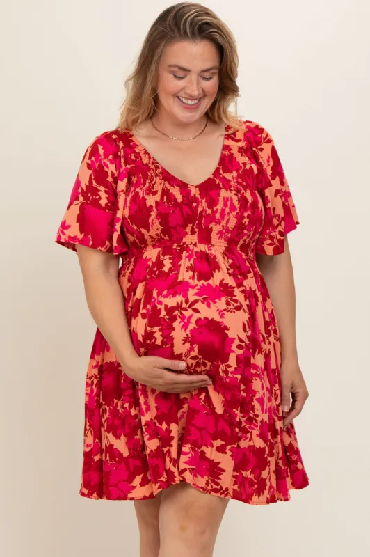 Red Leaf Print Smocked V-Neck Maternity Plus Dress sold by Pinkblush