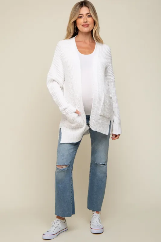 White Brushed Chenille Knit Maternity Cardigan sold by Pinkblush