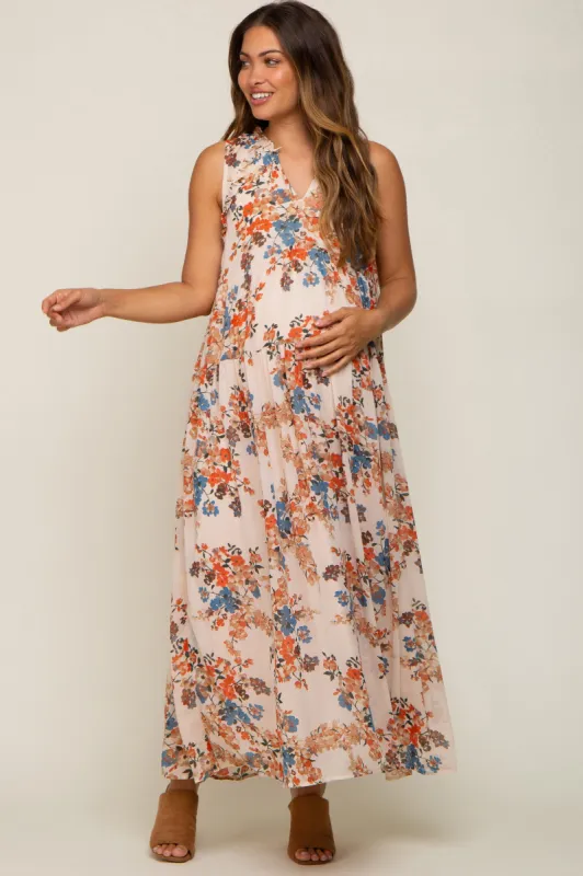 Cream Floral Chiffon Ruffle V-Neck Sleeveless Maternity Maxi Dress sold by Pinkblush