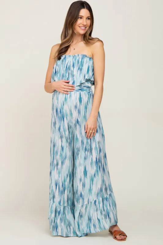 Blue Printed Sleeveless Flounce Maternity Jumpsuit sold by Pinkblush