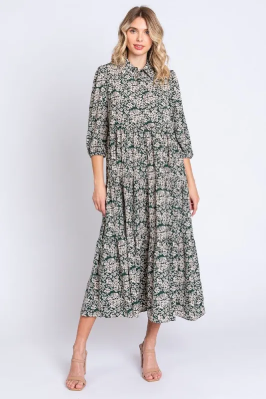 Green Floral Collared Tiered Maxi Dress sold by Pinkblush