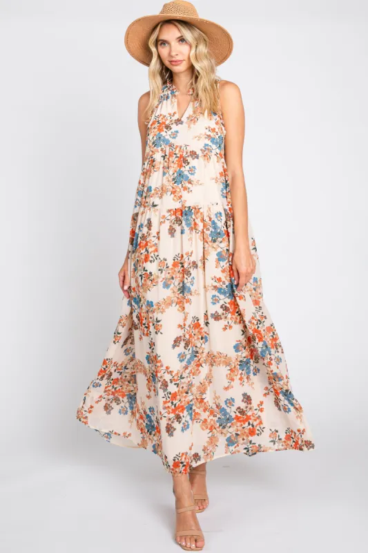 Cream Floral Chiffon Ruffle V-Neck Sleeveless Maxi Dress sold by Pinkblush