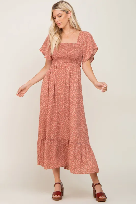 Rust Leaf Smocked Flounce Sleeve Maxi Dress sold by Pinkblush