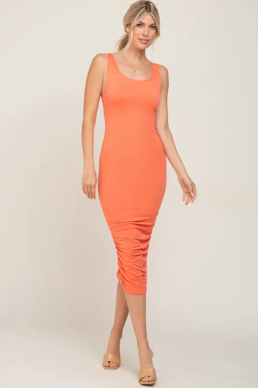 Coral Ruched V-Back Midi Dress sold by Pinkblush