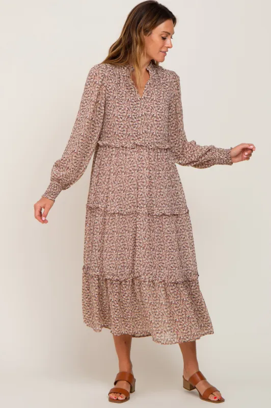 Mauve Floral Ruffle Tiered Midi Dress sold by Pinkblush