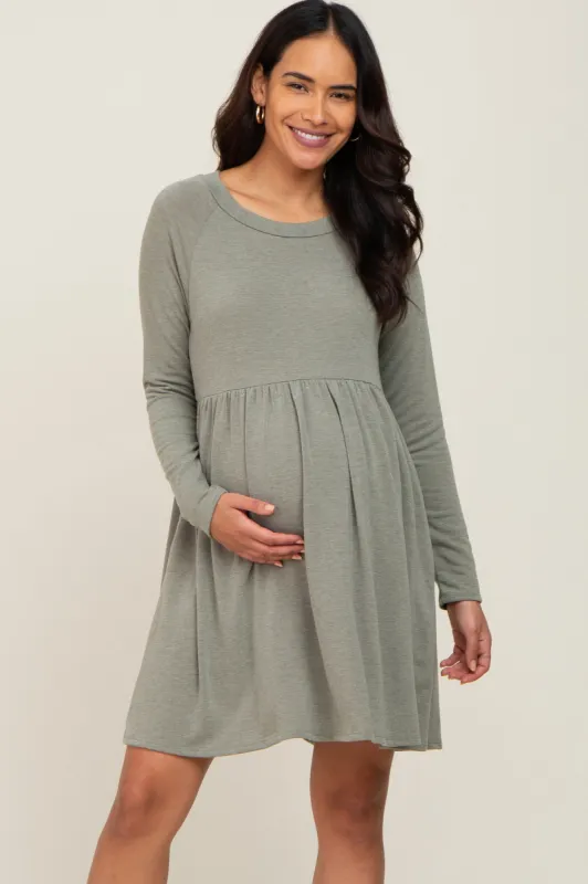 Light Olive Heathered Long Sleeve Maternity Dress sold by Pinkblush
