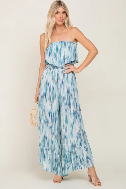 Blue Printed Sleeveless Flounce Jumpsuit sold by Pinkblush