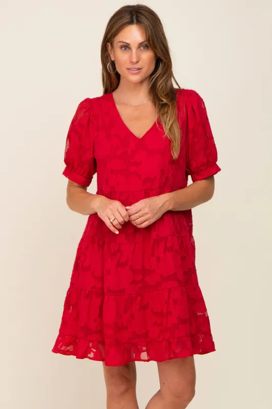 Red Floral Jacquard Puff Sleeve Dress sold by Pinkblush
