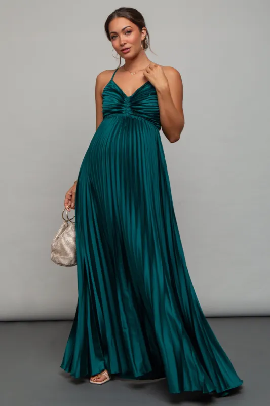 Forest Green Satin Pleated Cutout Maternity Gown sold by Pinkblush