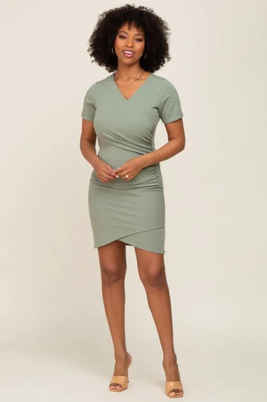 Sage Ruched Wrap Tulip Hem Fitted Dress sold by Pinkblush