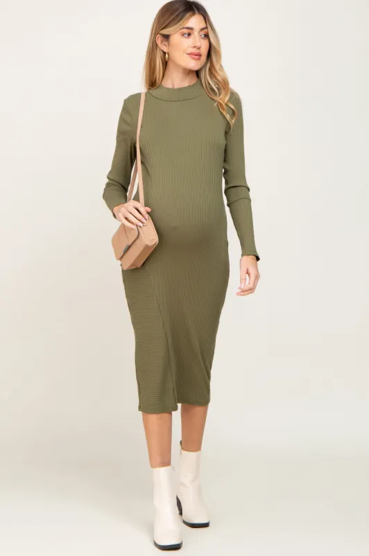 Olive Ribbed Long Sleeve Mock Neck Maternity Midi Dress sold by Pinkblush