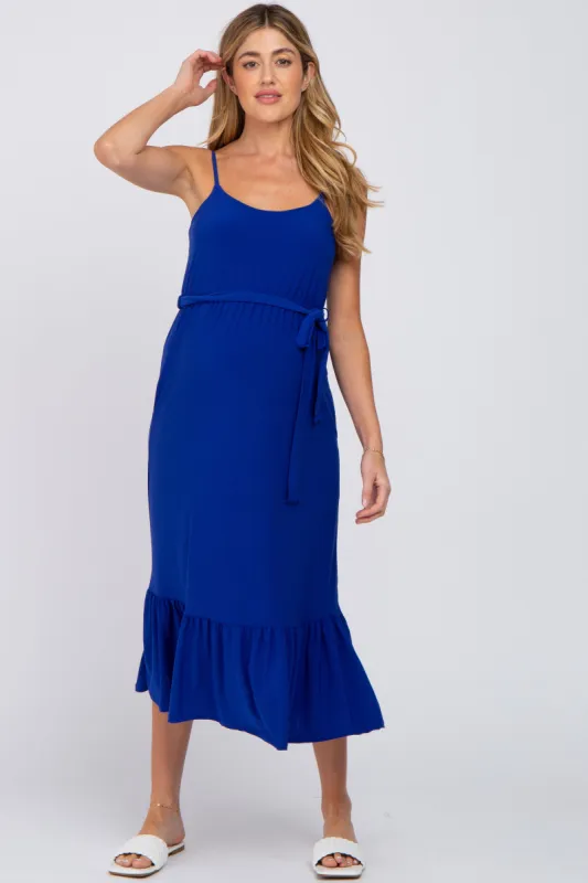 Royal Blue Waist Tie Ruffle Hem Maternity Midi Dress sold by Pinkblush