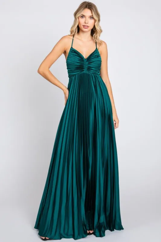 Forest Green Satin Pleated Cutout Gown sold by Pinkblush