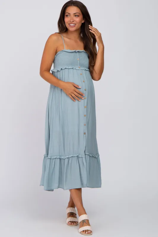 Light Blue Smocked Button Accent Maternity Midi Dress sold by Pinkblush