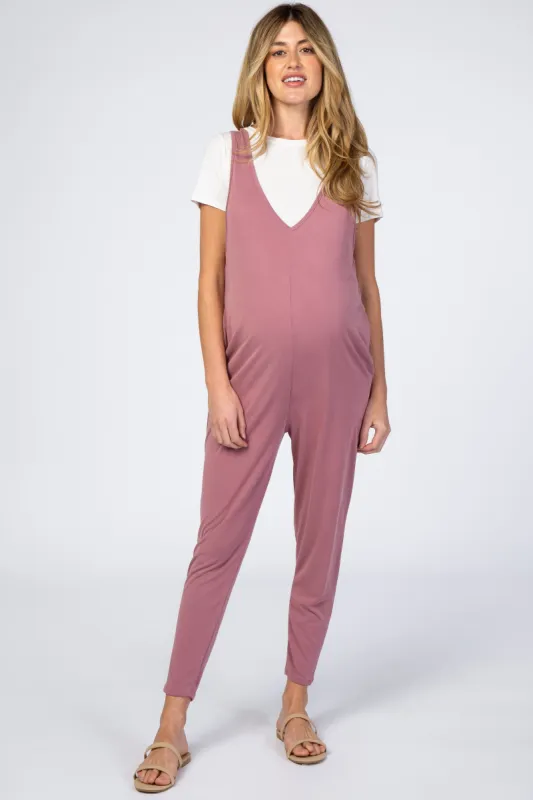 Mauve V-Neck Maternity Jumpsuit sold by Pinkblush