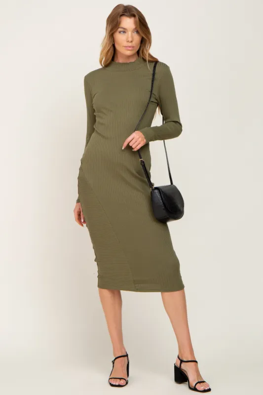 Olive Ribbed Long Sleeve Mock Neck Midi Dress sold by Pinkblush