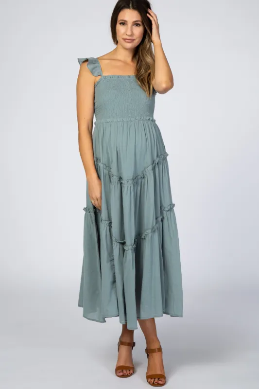 Light Olive Smocked Ruffle Accent Maternity Dress sold by Pinkblush