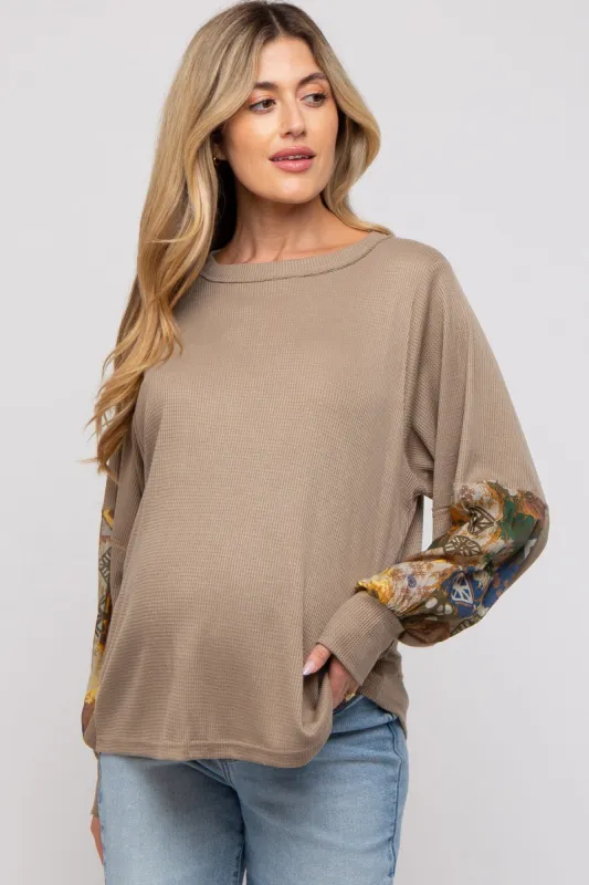 Mocha Waffle Knit Contrast Sleeve Maternity Top sold by Pinkblush