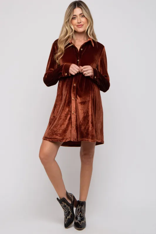 Rust Velvet Button Down Maternity Dress sold by Pinkblush