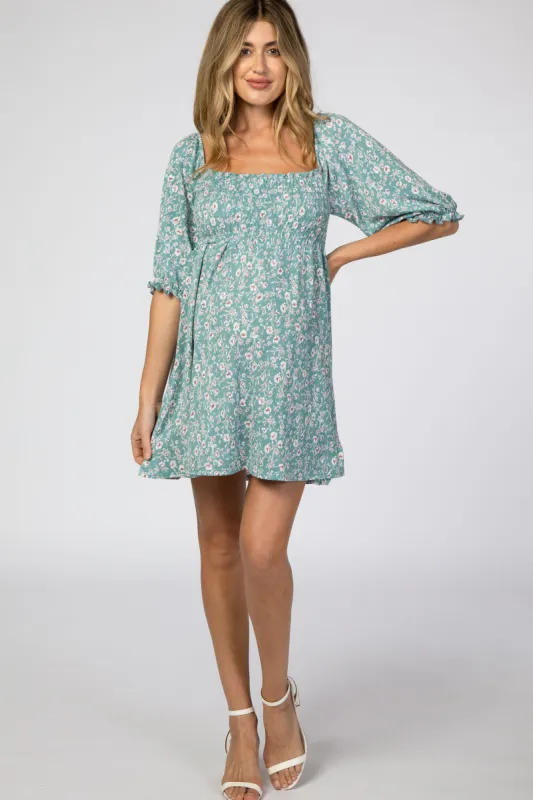 Teal Floral Puff Sleeve Maternity Dress sold by Pinkblush