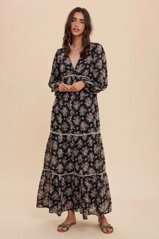 Black Floral Button Front Maxi Dress sold by Pinkblush