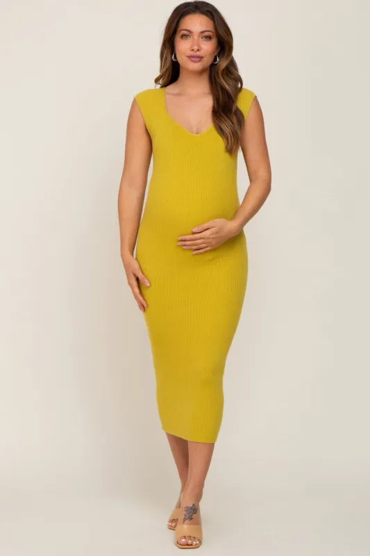 Mustard Ribbed Knit Fitted Maternity Dress sold by Pinkblush