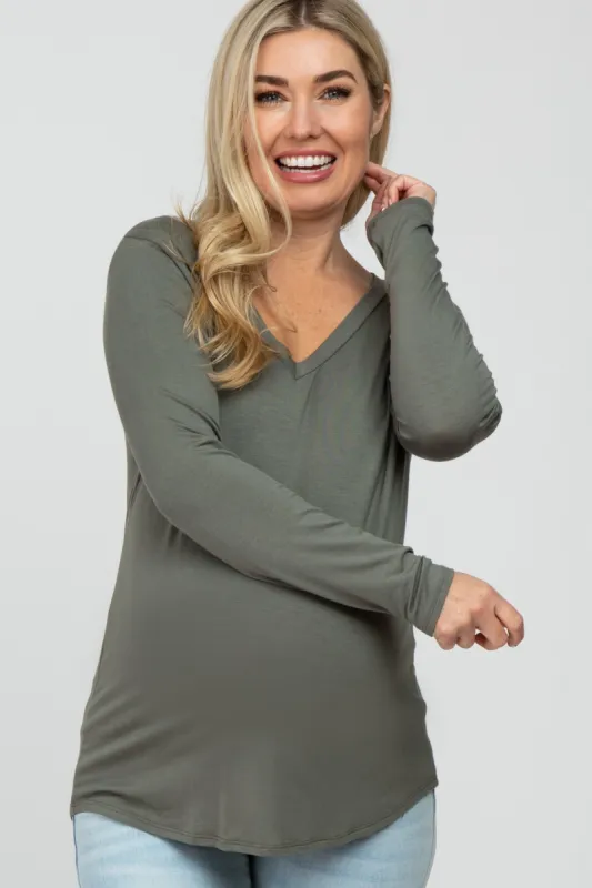 Olive V-Neck Round Hem Long Sleeve Maternity Top sold by Pinkblush