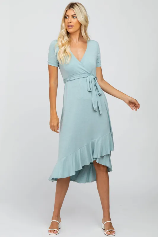Light Olive Heathered Ruffle Hi-Low Midi Dress sold by Pinkblush