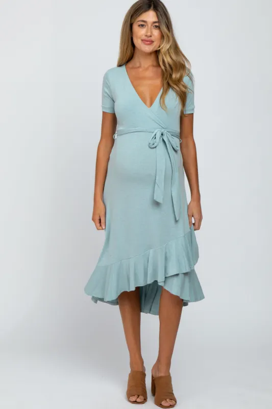 Light Blue Heathered Ruffle Hi-Low Maternity Midi Dress sold by Pinkblush