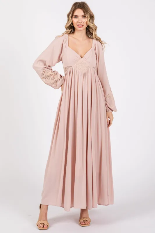 Light Pink Lace Accent Long Sleeve Maxi Dress sold by Pinkblush