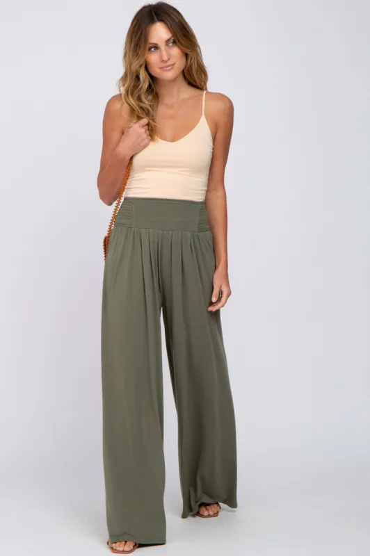 Olive Smocked Wide Leg Pants sold by Pinkblush