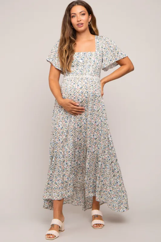 Cream Floral Button Front Square Neck Ruffle Hi-Low Maternity Midi Dress sold by Pinkblush