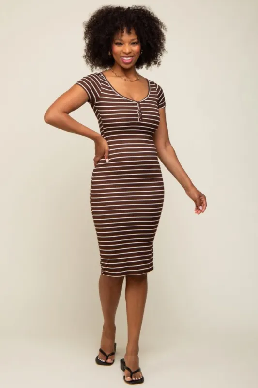 Brown Striped Ribbed Fitted Midi Dress sold by Pinkblush