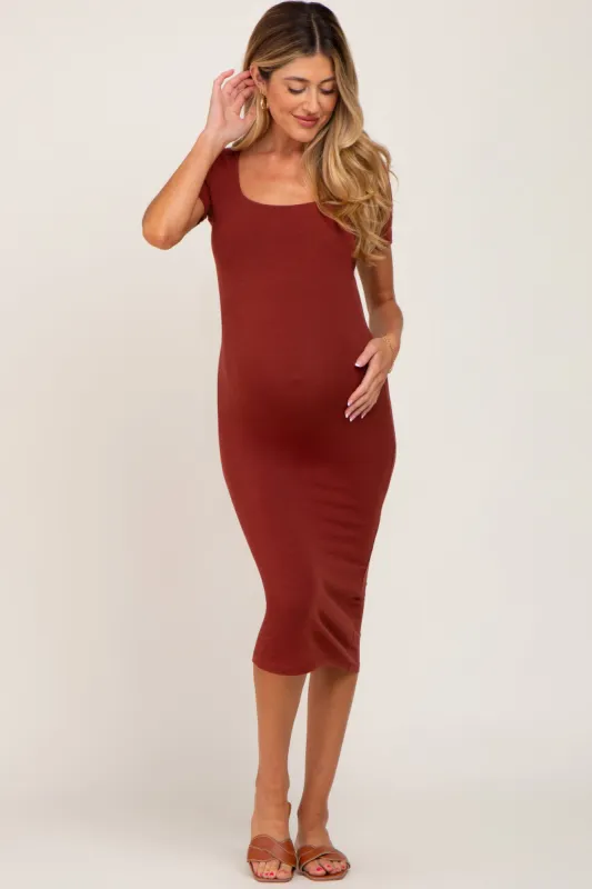 Rust Fitted Maternity Midi Dress sold by Pinkblush
