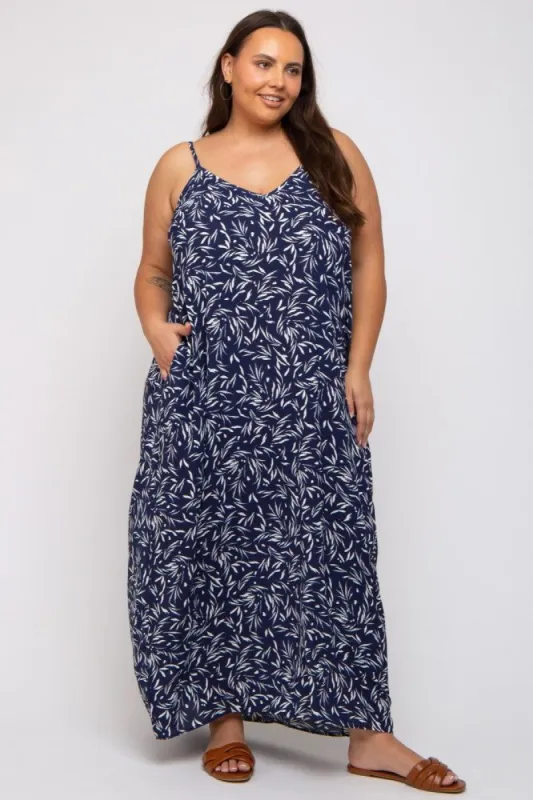 Navy Leaf Print Double V-Neck Plus Maxi Dress sold by Pinkblush