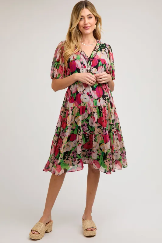 Black Floral Ruffle Tiered Maternity Midi Dress sold by Pinkblush