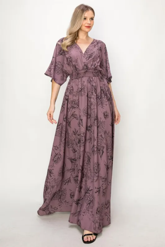Plum Floral Waist Band V-Neck Slit Maxi Dress sold by Pinkblush
