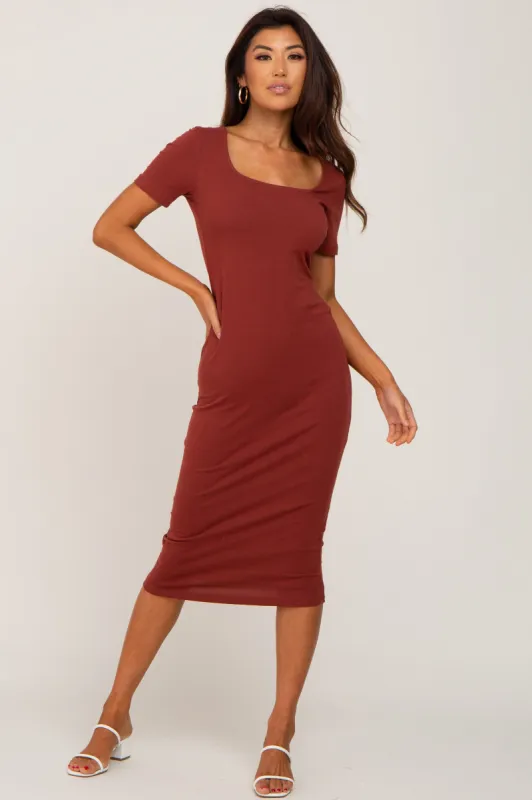 Rust Fitted Midi Dress sold by Pinkblush