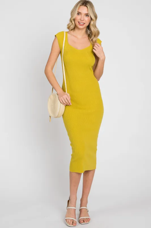 Mustard Ribbed Knit Fitted Dress sold by Pinkblush