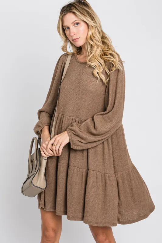 Mocha Brushed Knit Tiered Dress sold by Pinkblush